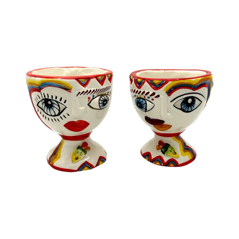 Coppia Teste ceramica Siciliana Caltagirone Serie Naif H. 13 cm
