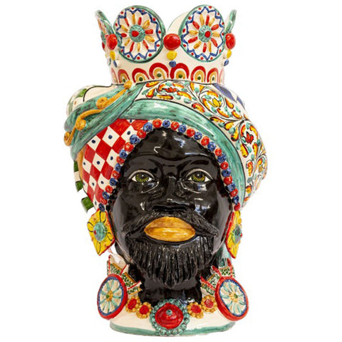 TESTA DI MOOR IN SICILIAN CALTAGIRONE CERAMIC WITH MULTICOLOR WHEELS H. 48 CM