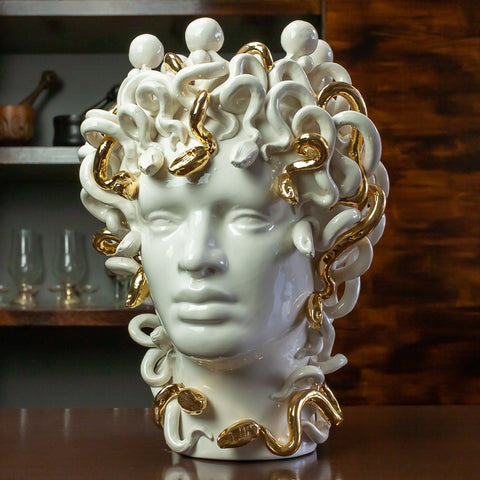 TESTA MORO CERAMICA SICILIANA CALTAGIRONE MEDUSA ORO 40 CM
