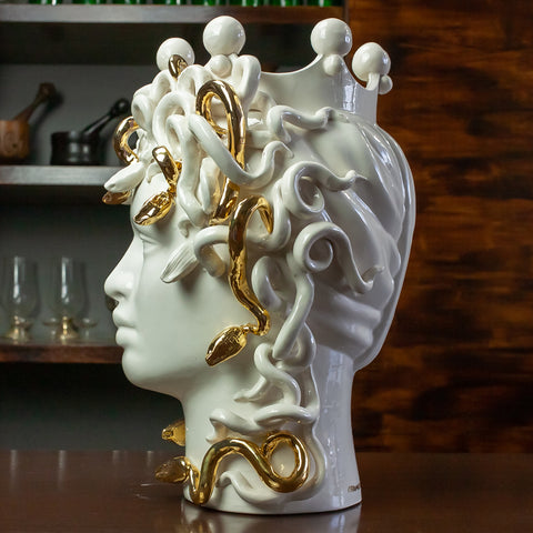 TESTA MORO CERAMICA SICILIANA CALTAGIRONE MEDUSA ORO 40 CM