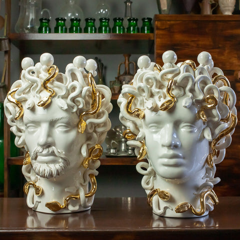 TESTA MORO CERAMICA SICILIANA CALTAGIRONE MEDUSA ORO 40 CM