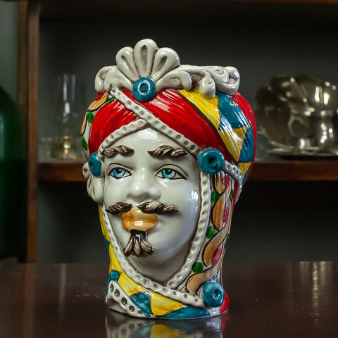 TESTE DI MORO IN CERAMICA SICILIANA DECORO CARRETTO L. 13 X H. 20 cm