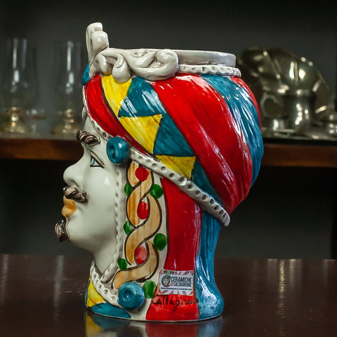 TESTE DI MORO IN CERAMICA SICILIANA DECORO CARRETTO L. 13 X H. 20 cm