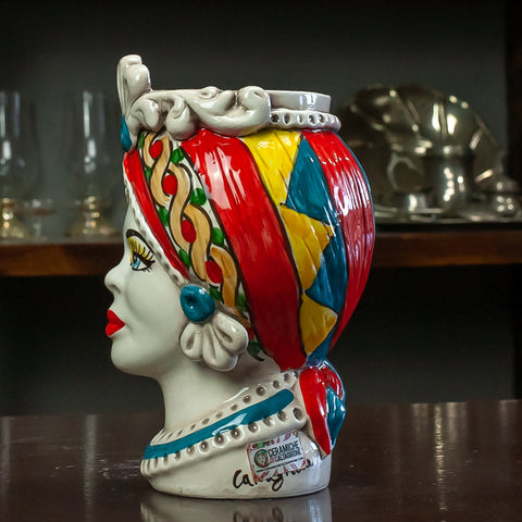 TESTE DI MORO IN CERAMICA SICILIANA DECORO CARRETTO L. 13 X H. 20 cm