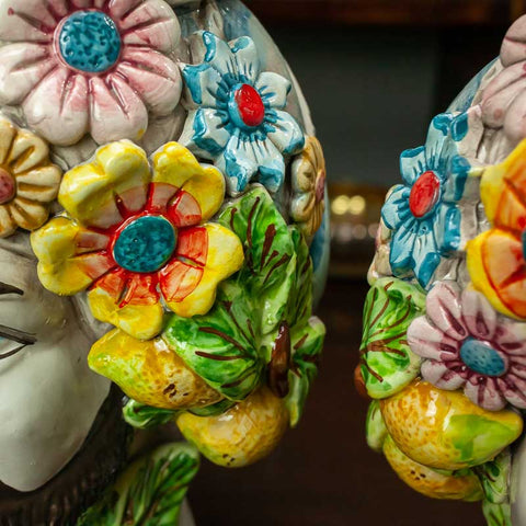 TESTE DI MORO IN CERAMICA SICILIANA DI CALTAGIRONE FIORI H. 30 X L. 21 CM
