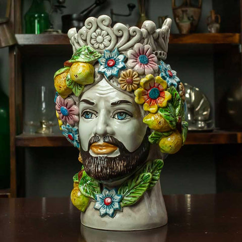 TESTE DI MORO IN CERAMICA SICILIANA DI CALTAGIRONE FIORI H. 30 X L. 21 CM