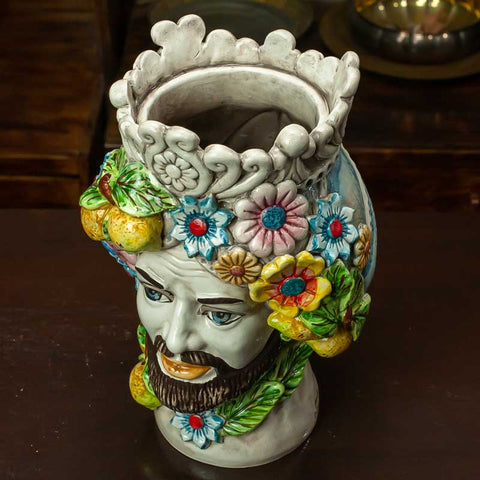 TESTE DI MORO IN CERAMICA SICILIANA DI CALTAGIRONE FIORI H. 30 X L. 21 CM