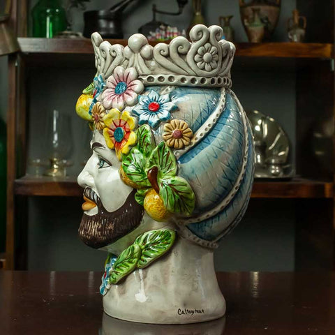 TESTE DI MORO IN CERAMICA SICILIANA DI CALTAGIRONE FIORI H. 30 X L. 21 CM