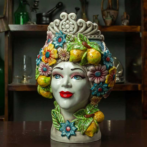 TESTE DI MORO IN CERAMICA SICILIANA DI CALTAGIRONE FIORI H. 30 X L. 21 CM