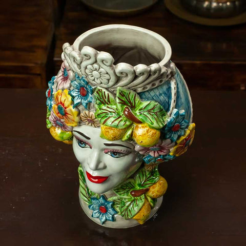 TESTE DI MORO IN CERAMICA SICILIANA DI CALTAGIRONE FIORI H. 30 X L. 21 CM