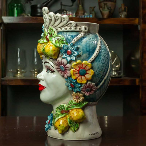 TESTE DI MORO IN CERAMICA SICILIANA DI CALTAGIRONE FIORI H. 30 X L. 21 CM