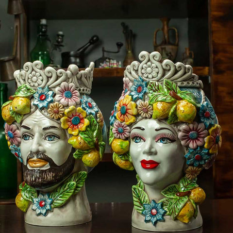 TESTE DI MORO IN CERAMICA SICILIANA DI CALTAGIRONE FIORI H. 30 X L. 21 CM