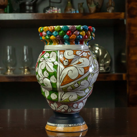 TESTE DI MORO IN CERAMICA SICILIANA DI CALTAGIRONE CORONA PIGNA MULTICOLOR H. 22 CM