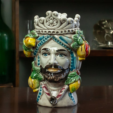 TESTE DI MORO IN CERAMICA SICILIANA DECORO FRUTTA L. 16 X H. 22 CM