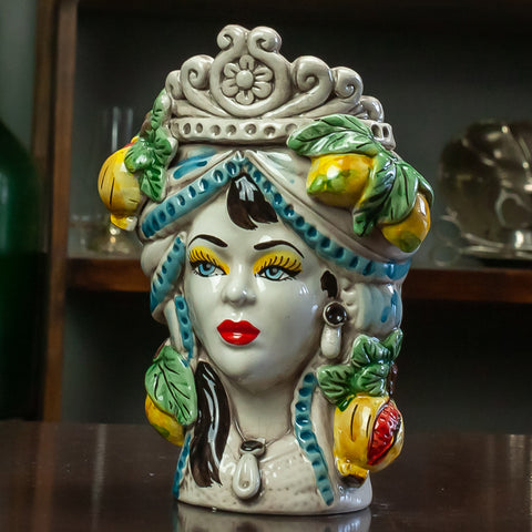 TESTE DI MORO IN CERAMICA SICILIANA DECORO FRUTTA L. 16 X H. 22 CM