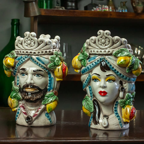 TESTE DI MORO IN CERAMICA SICILIANA DECORO FRUTTA L. 16 X H. 22 CM