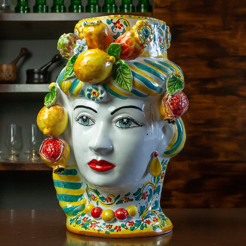 Coppia Teste Di Moro in Ceramica Siciliana Di Caltagirone H. 42 x L. 30 cm