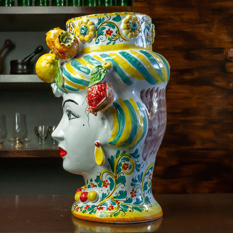 Coppia Teste Di Moro in Ceramica Siciliana Di Caltagirone H. 42 x L. 30 cm