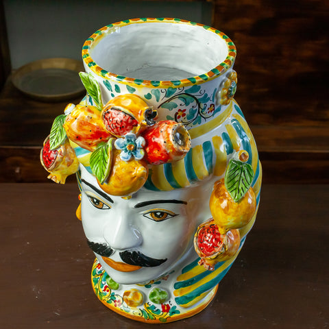 Coppia Teste Di Moro in Ceramica Siciliana Di Caltagirone H. 42 x L. 30 cm