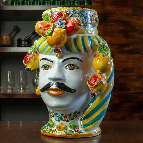 Coppia Teste Di Moro in Ceramica Siciliana Di Caltagirone H. 42 x L. 30 cm