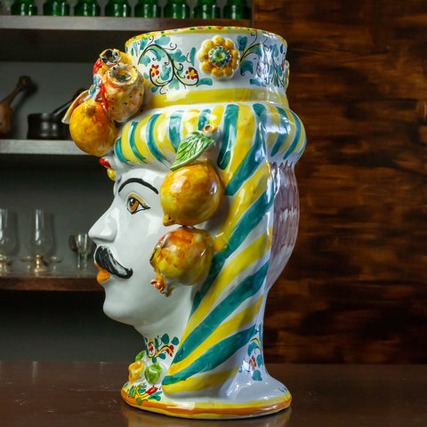 Coppia Teste Di Moro in Ceramica Siciliana Di Caltagirone H. 42 x L. 30 cm