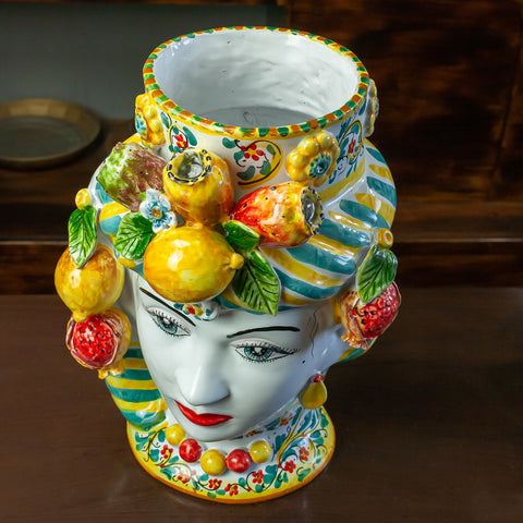 Coppia Teste Di Moro in Ceramica Siciliana Di Caltagirone H. 42 x L. 30 cm