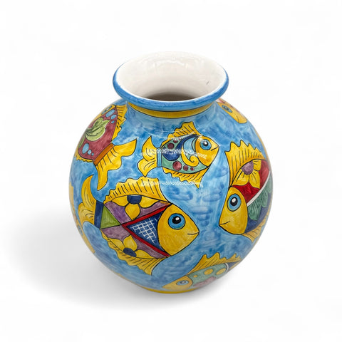 Vaso in ceramica artigianale con pesci colorati dipinti a mano – H.30 x L.28 cm