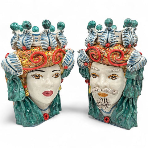 Coppia Teste Moro ceramica Siciliana Caltagirone Verus cm 48