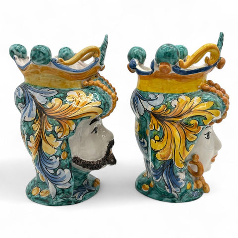 Coppia Teste di Moro in Ceramica Verde Barocco - Uomo e Donna | H.28 x L.20 cm
