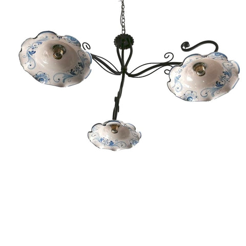 LAMPADARIO BILANCIERE IN FERRO BATTUTO E CERAMICA SICILIANA DI CALTAGIRONE 3 LUCI