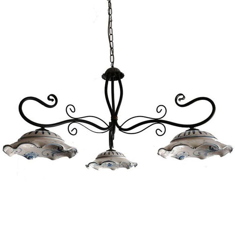 LAMPADARIO BILANCIERE IN FERRO BATTUTO E CERAMICA SICILIANA DI CALTAGIRONE 3 LUCI