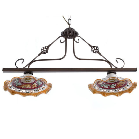 LAMPADARIO BILANCIERE IN FERRO BATTUTO E CERAMICA SICILIANA DI CALTAGIRONE 2 LUCI