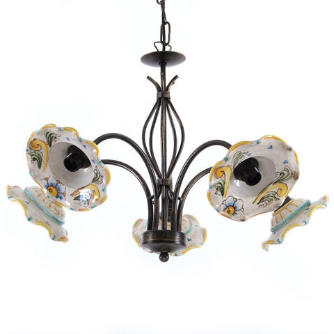 LAMPADARIO IN FERRO BATTUTO E CERAMICA SICILIANA DI CALTAGIRONE 5 LUCI