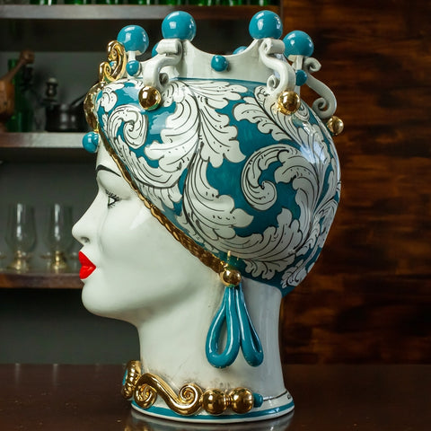 TESTE DI MORO IN CERAMICA SICILIANA VERDE OTTANIO LUXURY 42 CM