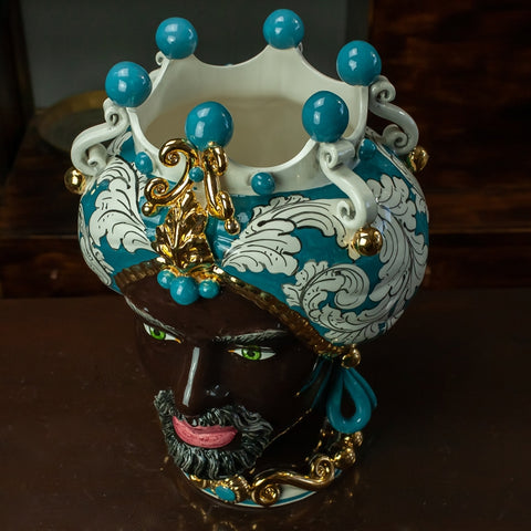 TESTE DI MORO IN CERAMICA SICILIANA VERDE OTTANIO LUXURY 42 CM