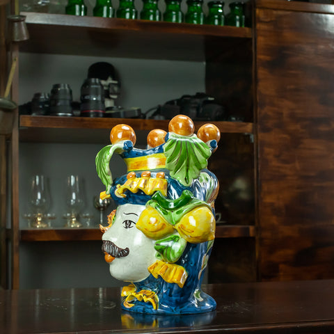 TÊTE SICILIENNE EN CÉRAMIQUE CALTAGIRONE BLEU 25 CM