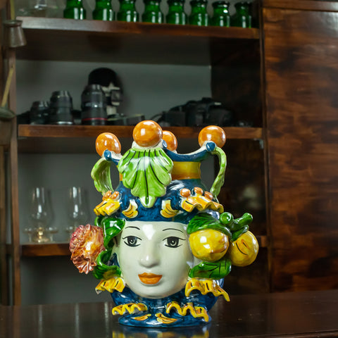 TÊTE SICILIENNE EN CÉRAMIQUE CALTAGIRONE BLEU 25 CM