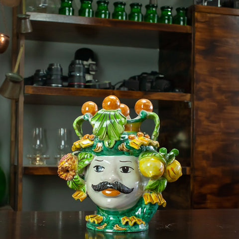 TÊTE SICILIENNE EN CÉRAMIQUE CALTAGIRONE VERT 25 CM