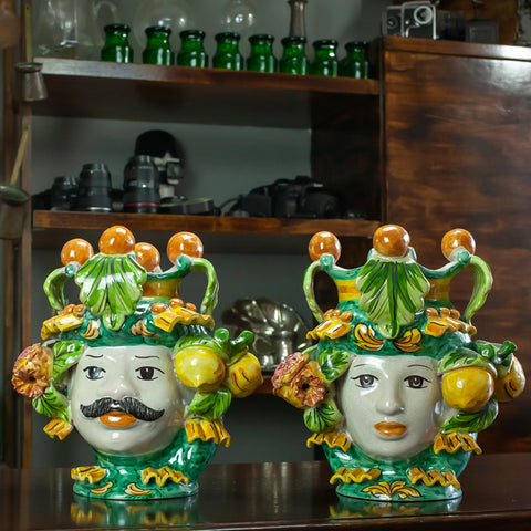 TÊTE SICILIENNE EN CÉRAMIQUE CALTAGIRONE VERT 25 CM