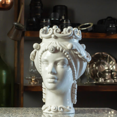 CALTAGIRONE CÉRAMIQUE SICILIENNE BRUN FONCÉ BLANC 35 CM