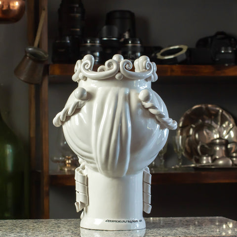 CALTAGIRONE CÉRAMIQUE SICILIENNE BRUN FONCÉ BLANC 35 CM
