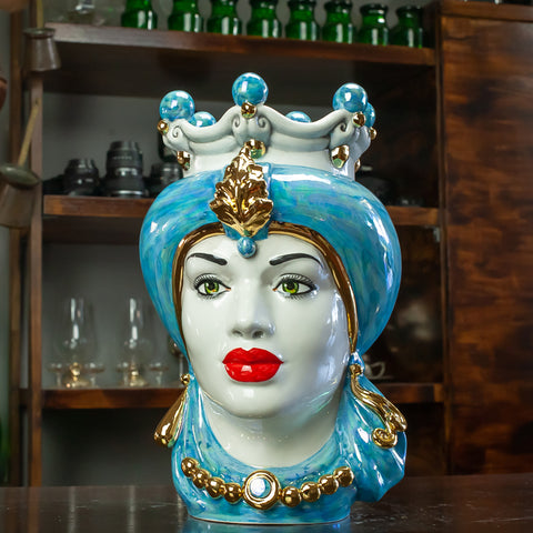 TESTA DI MORO CERAMICA SICILIANA CALTAGIRONE AZZURRO MADREPERLATO 35 CM