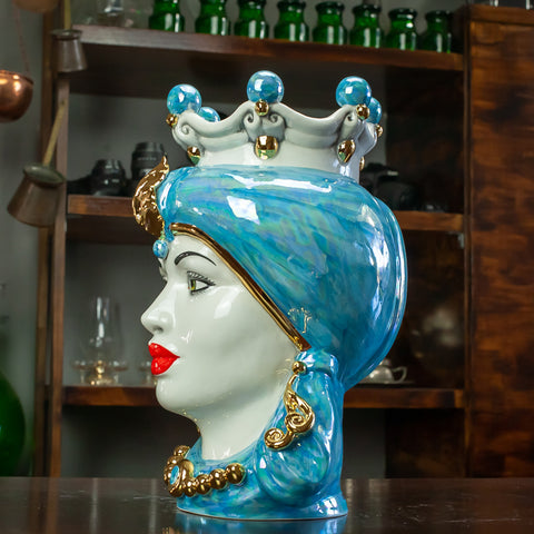 TESTA DI MORO CERAMICA SICILIANA CALTAGIRONE AZZURRO MADREPERLATO 35 CM