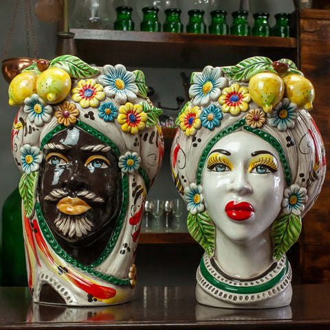 TESTE DI MORO IN CERAMICA SICILIANA DI CALTAGIRONE FRUTTA H. 40 CM
