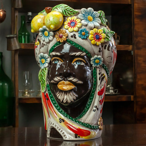 TESTE DI MORO IN CERAMICA SICILIANA DI CALTAGIRONE FRUTTA H. 40 CM