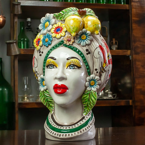 TESTE DI MORO IN CERAMICA SICILIANA DI CALTAGIRONE FRUTTA H. 40 CM