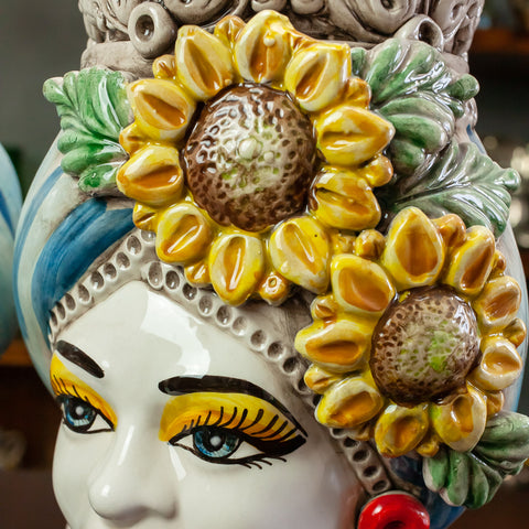 TESTE DI MORO IN CERAMICA SICILIANA DI CALTAGIRONE GIRASOLI H. 27 CM