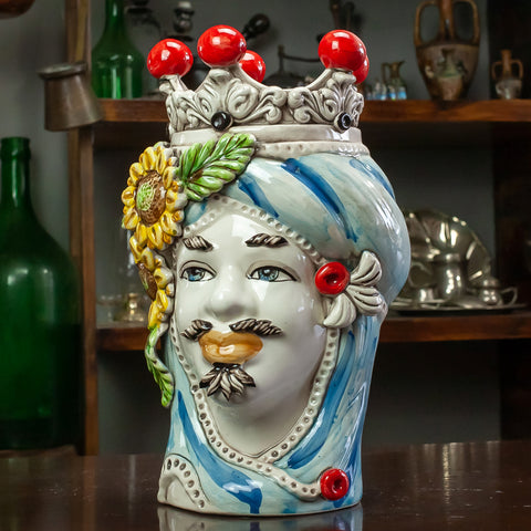 TESTE DI MORO IN CERAMICA SICILIANA DI CALTAGIRONE GIRASOLI H. 27 CM