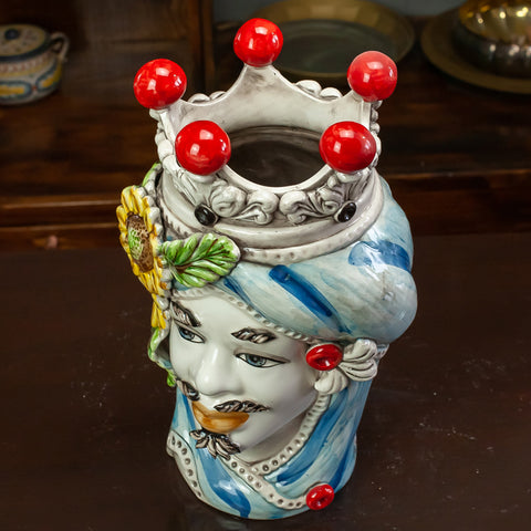 TESTE DI MORO IN CERAMICA SICILIANA DI CALTAGIRONE GIRASOLI H. 27 CM