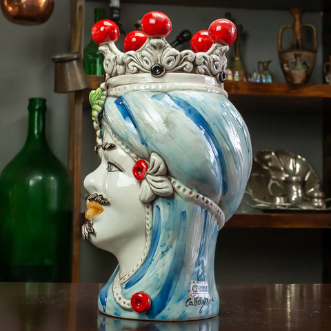 TESTE DI MORO IN CERAMICA SICILIANA DI CALTAGIRONE GIRASOLI H. 27 CM